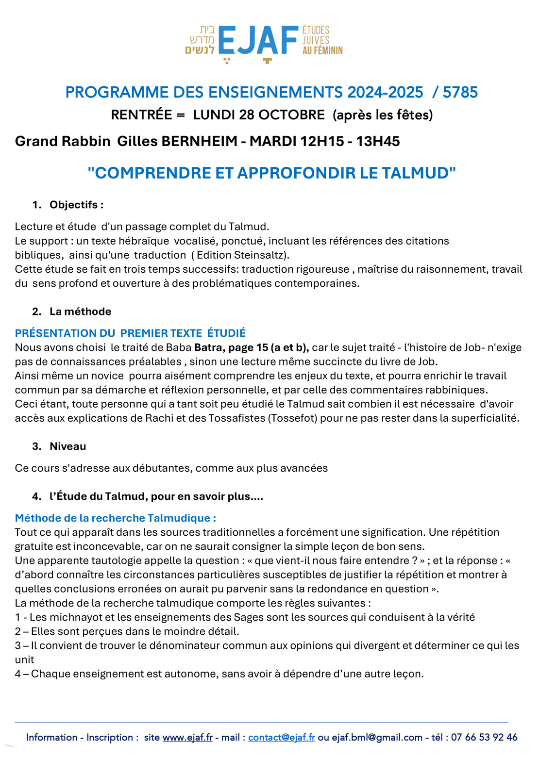 Talmud Grand Rabbin Gilles BERNHEIM - PROGRAMME DES ENSEIGNEMENTS 2024-2025