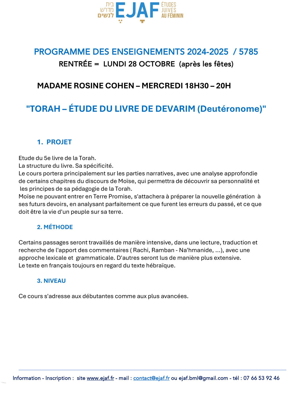 Torah MADAME ROSINE COHEN - PROGRAMME DES ENSEIGNEMENTS 2024-2025