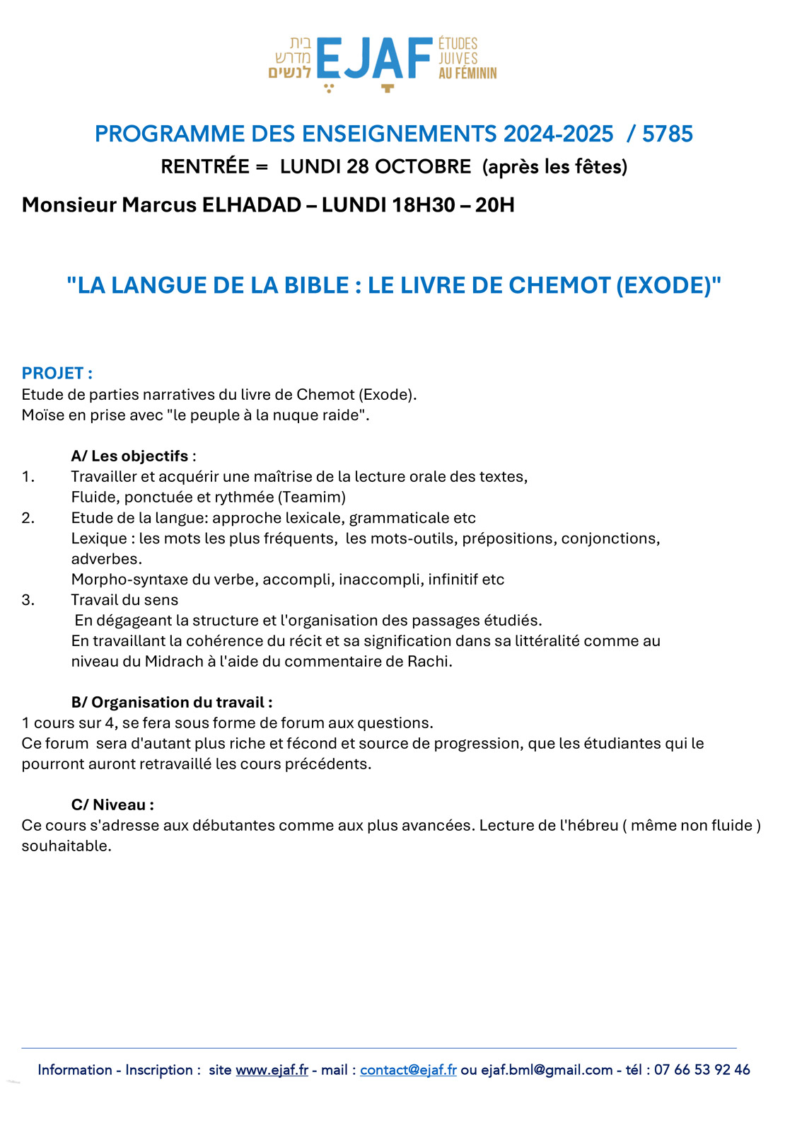 Texte et Langue de la Bible Monsieur Marcus ELHADAD - PROGRAMME DES ENSEIGNEMENTS 2024-2025